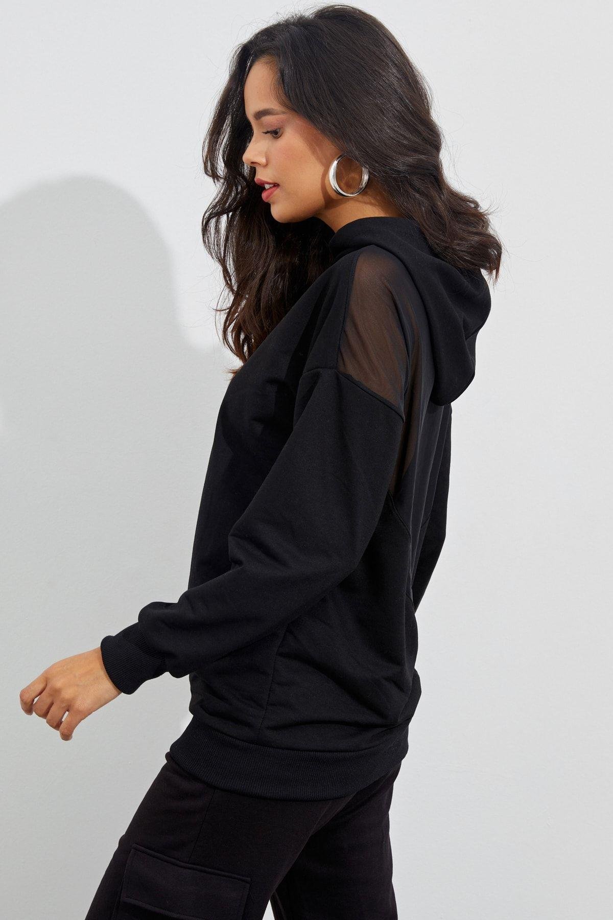 Kadın Siyah Sırtı Tül Kapüşonlu Sweatshirt EY1523