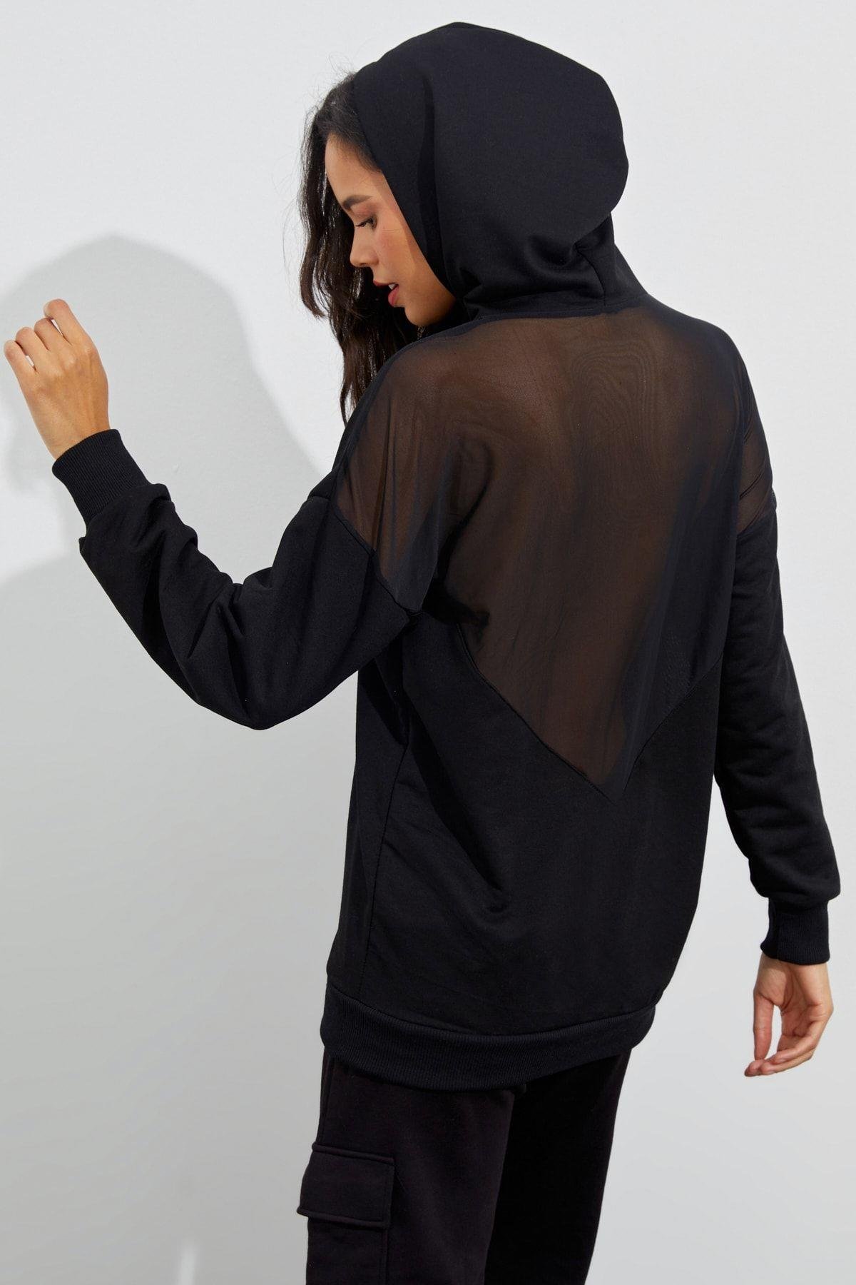Kadın Siyah Sırtı Tül Kapüşonlu Sweatshirt EY1523