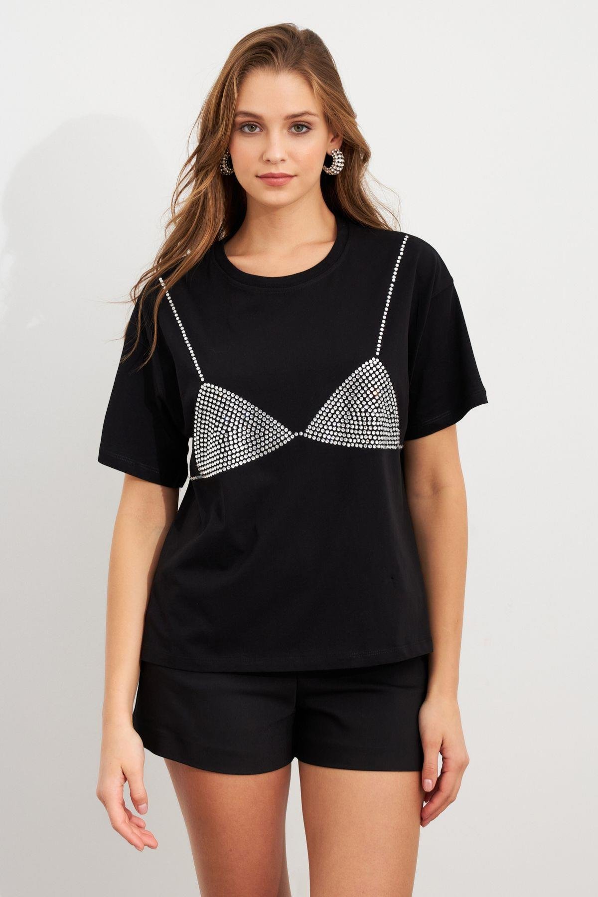 Kadın Siyah Straslı Oversize T-Shirt TPG13