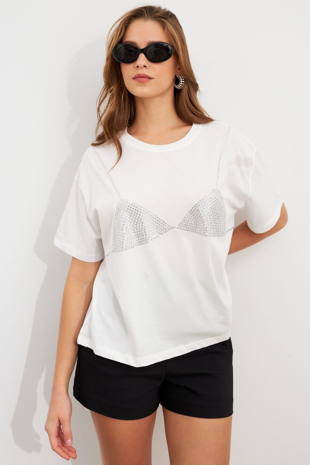 Kadın Siyah Straslı Oversize T-Shirt TPG13
