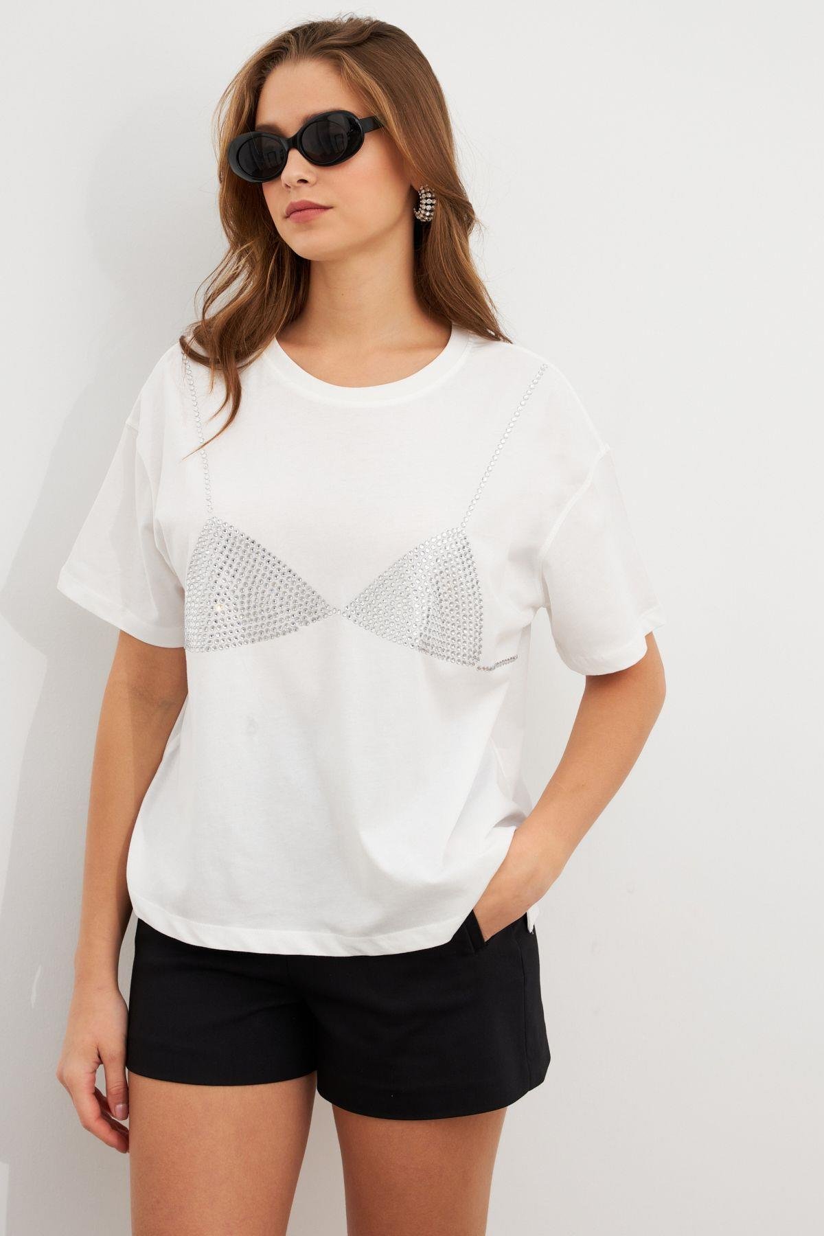 Kadın Siyah Straslı Oversize T-Shirt TPG13