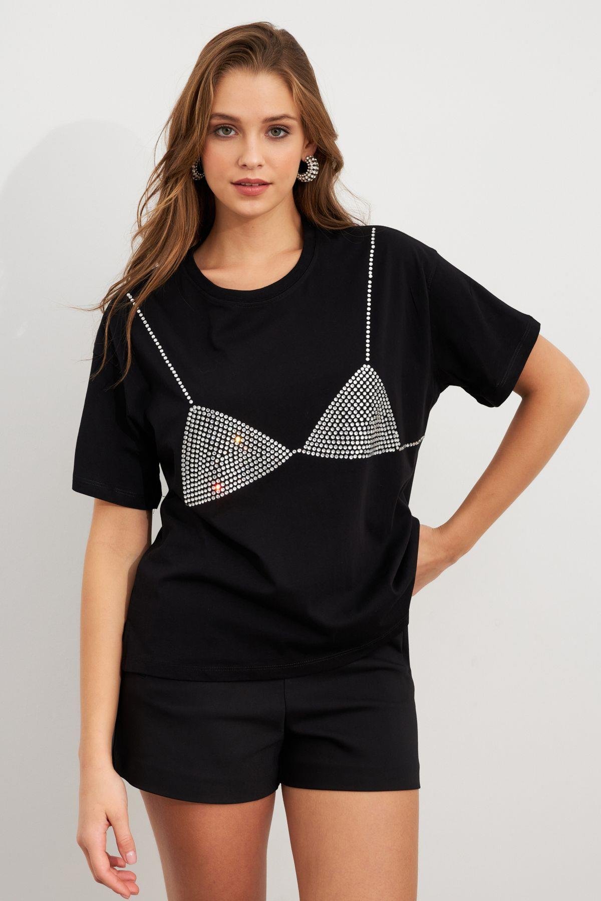Kadın Siyah Straslı Oversize T-Shirt TPG13