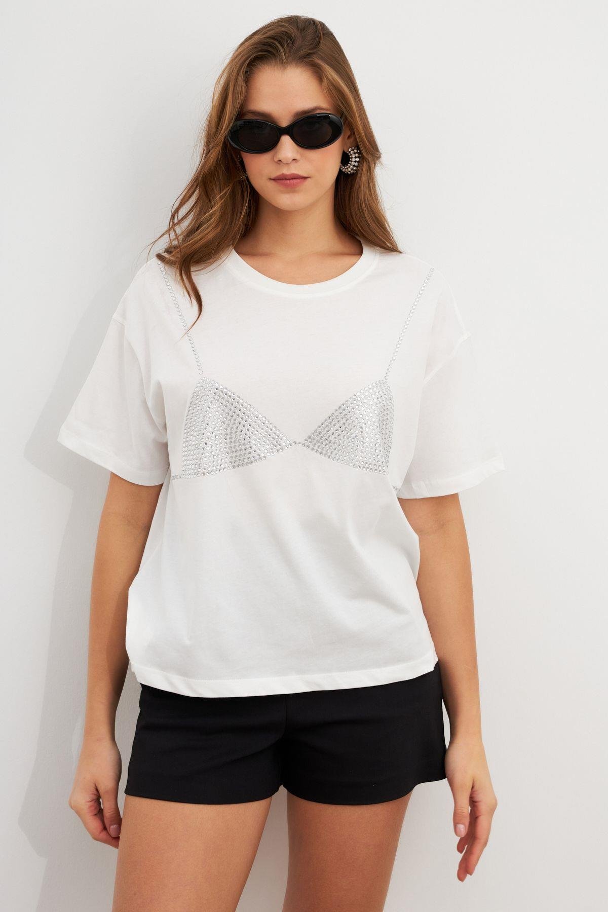 Kadın Siyah Straslı Oversize T-Shirt TPG13
