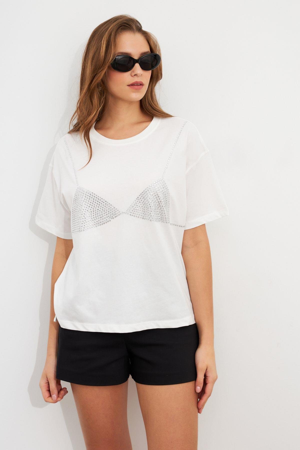 Kadın Siyah Straslı Oversize T-Shirt TPG13