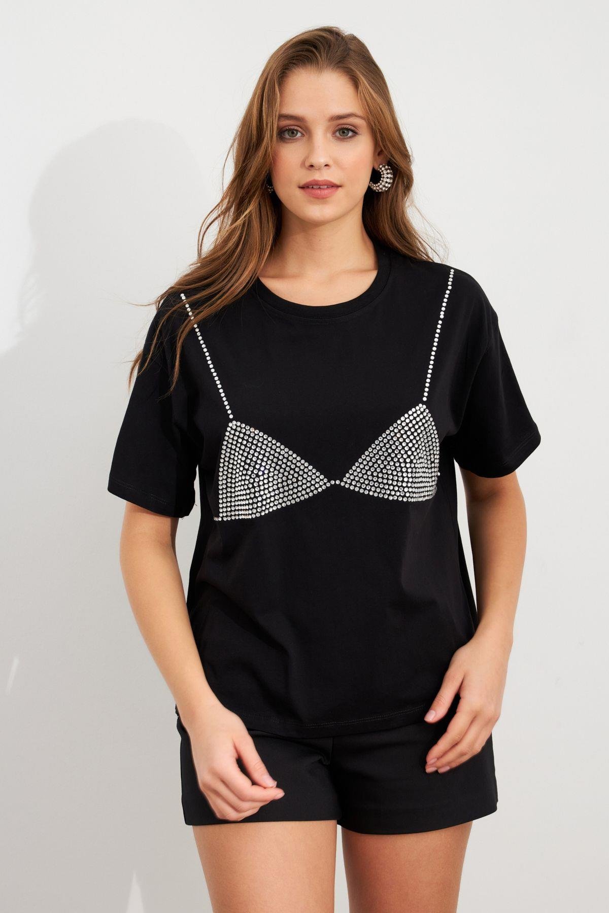 Kadın Siyah Straslı Oversize T-Shirt TPG13