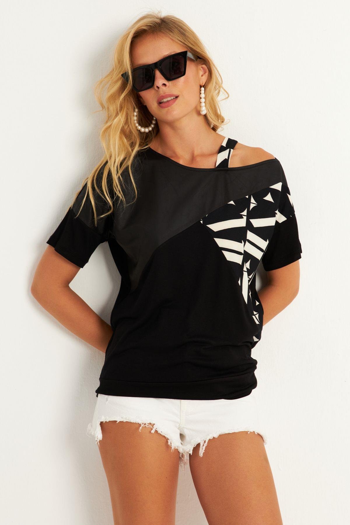 Kadın Siyah Suni Deri Bloklu Bluz ST837