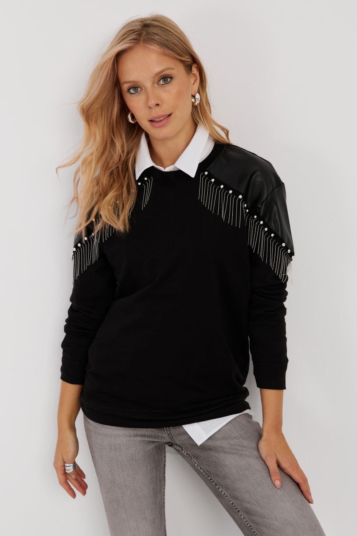 Kadın Siyah Suni Deri Bloklu Sweatshirt PKA807