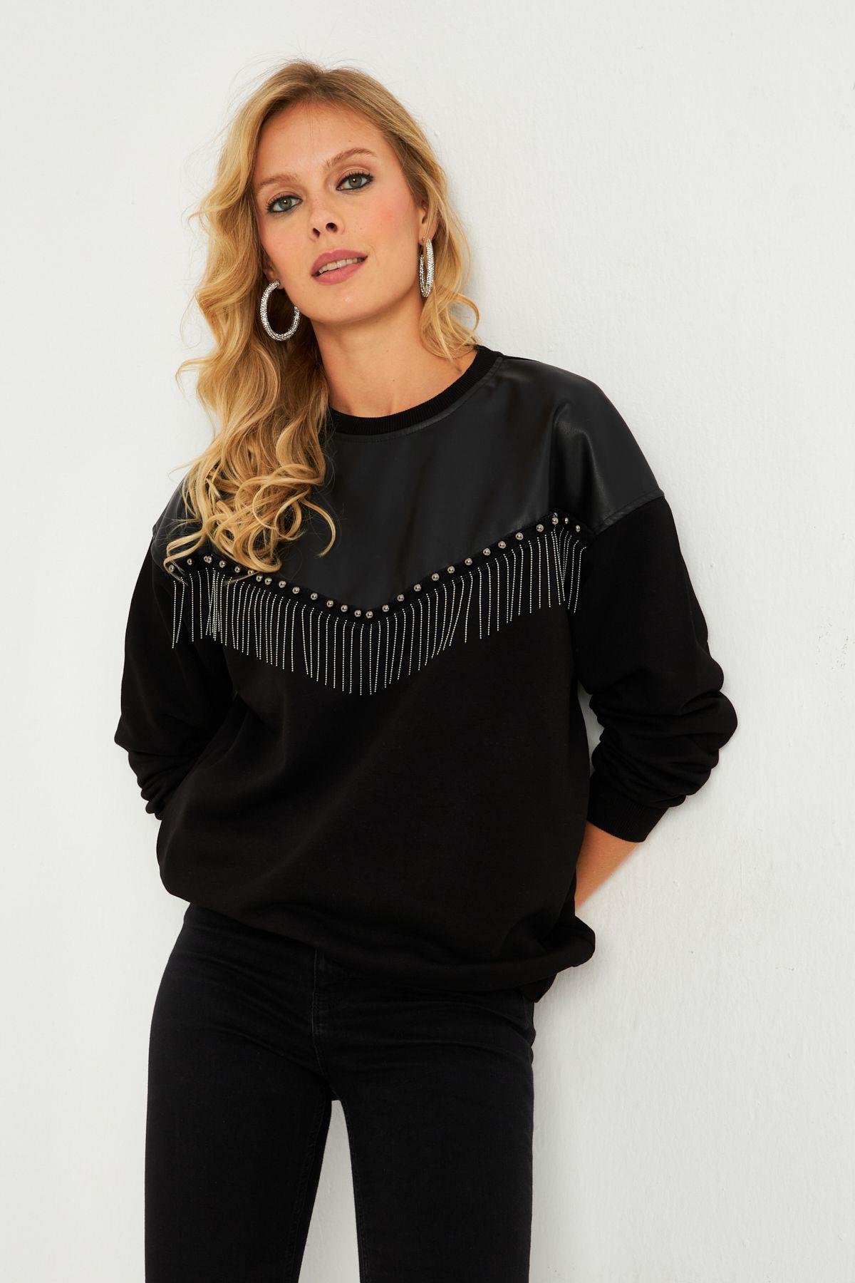 Kadın Siyah Suni Deri Bloklu Sweatshirt PKA808