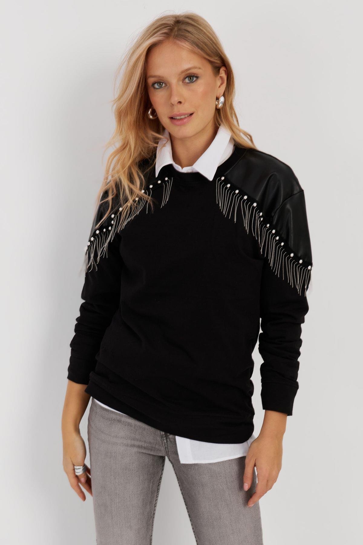 Kadın Siyah Suni Deri Bloklu Sweatshirt PKA807