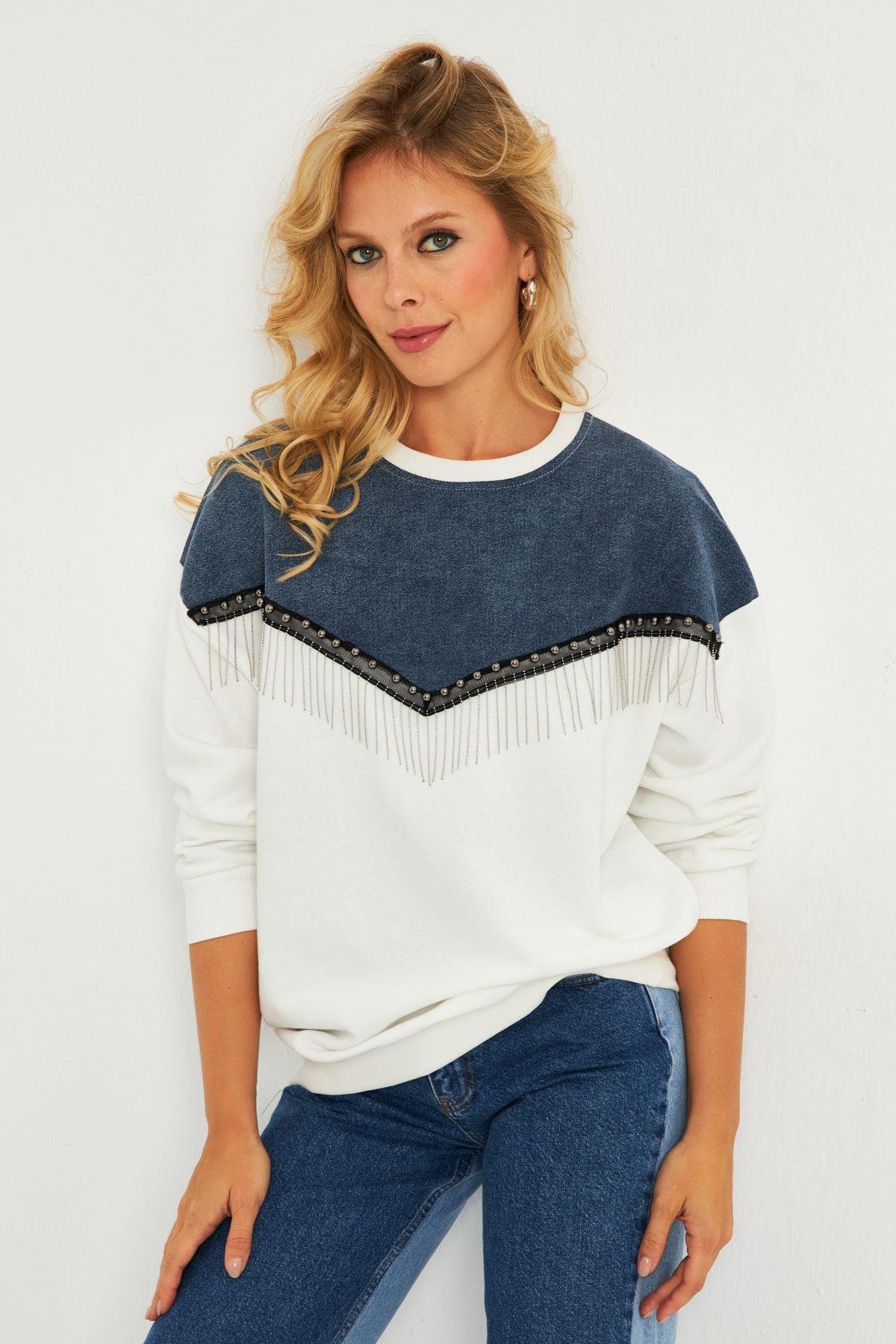 Kadın Siyah Suni Deri Bloklu Sweatshirt PKA808