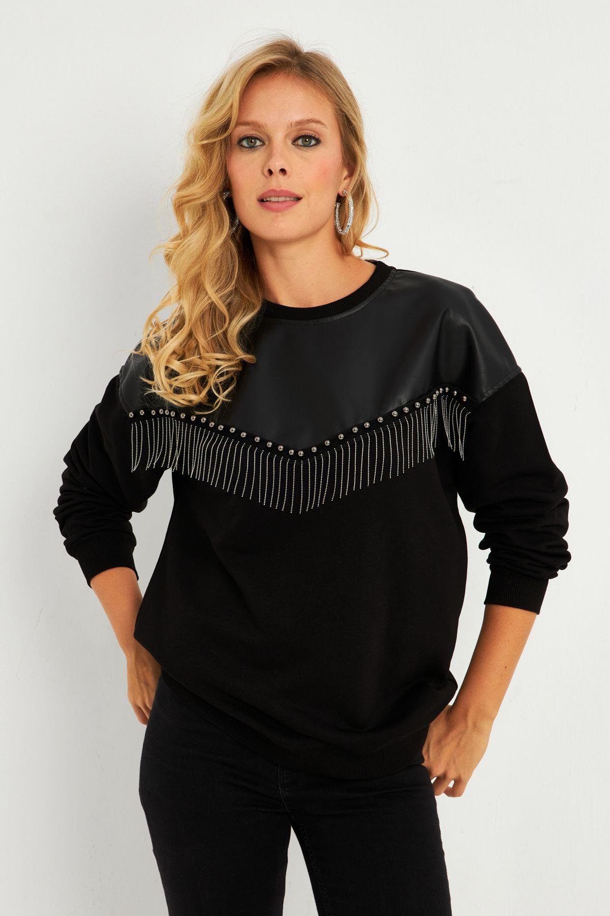 Kadın Siyah Suni Deri Bloklu Sweatshirt PKA808