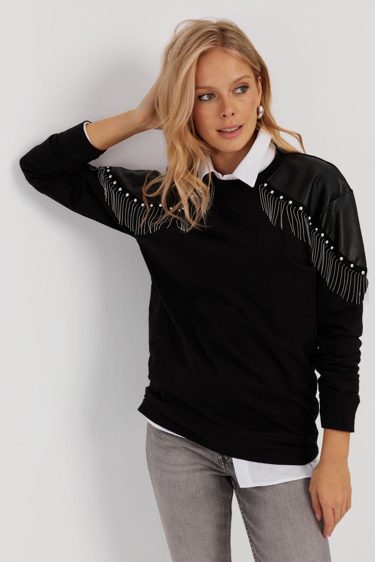 Kadın Siyah Suni Deri Bloklu Sweatshirt PKA807