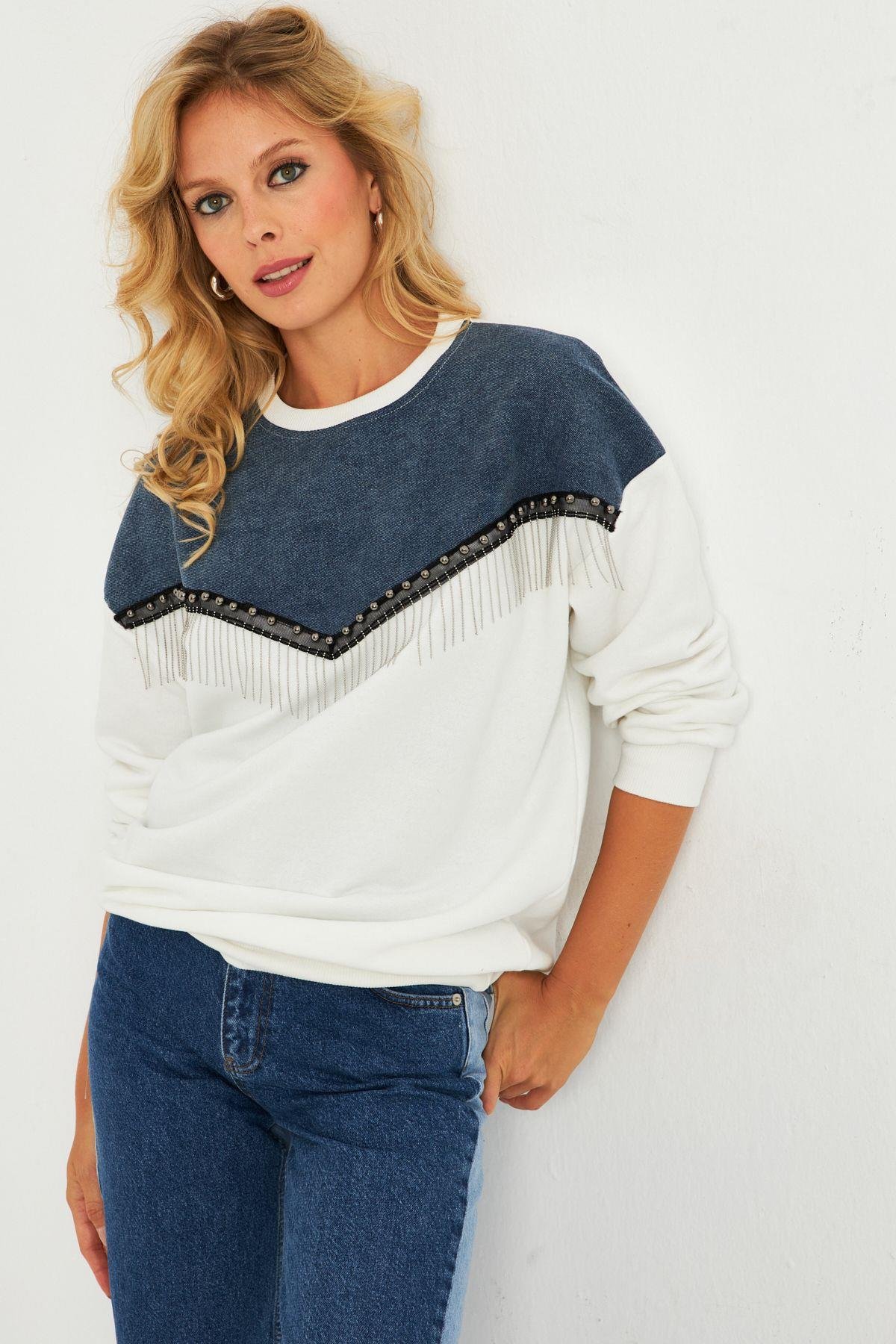 Kadın Siyah Suni Deri Bloklu Sweatshirt PKA808