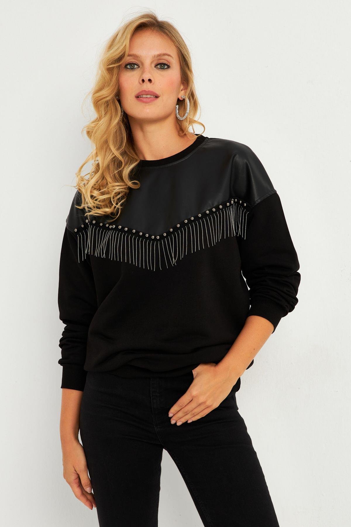 Kadın Siyah Suni Deri Bloklu Sweatshirt PKA808