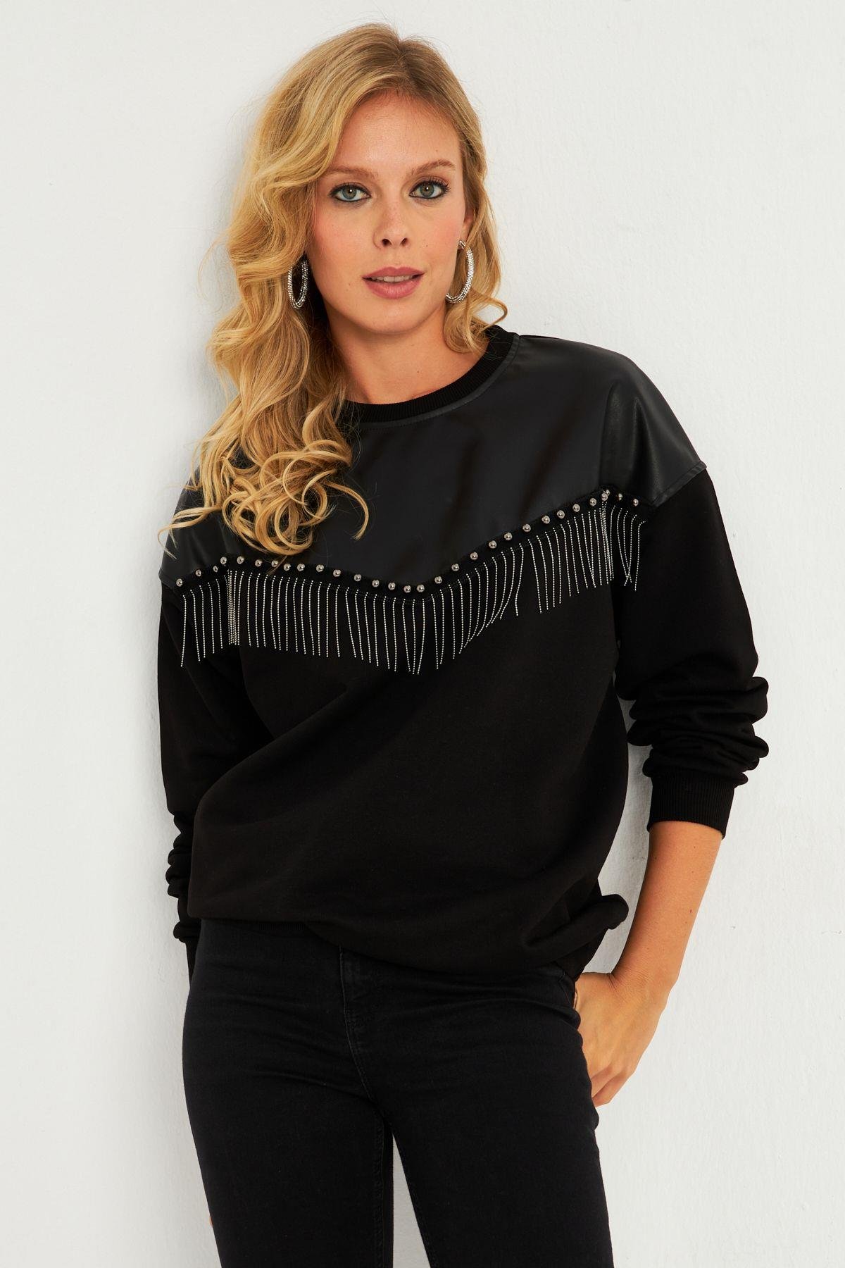 Kadın Siyah Suni Deri Bloklu Sweatshirt PKA808