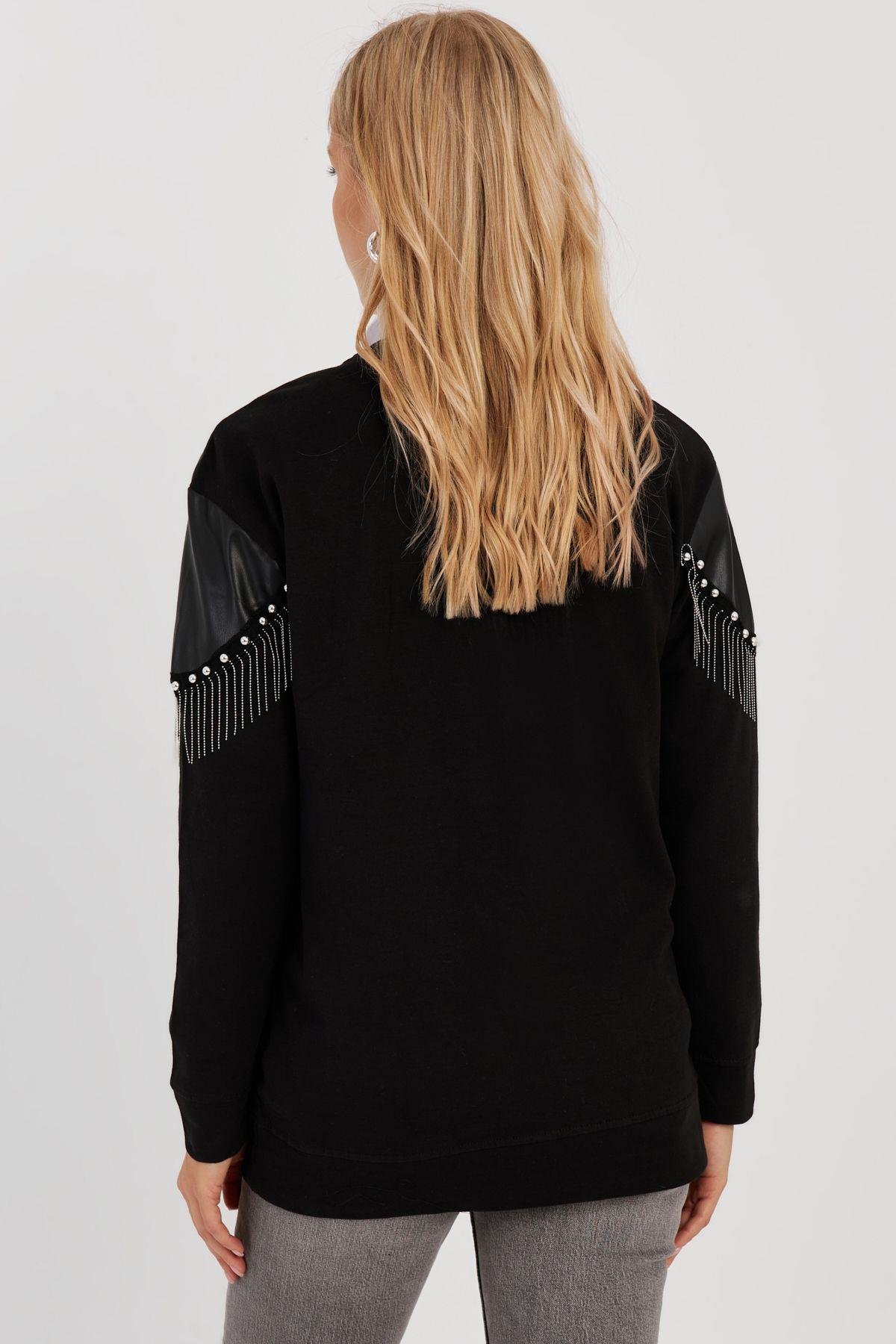 Kadın Siyah Suni Deri Bloklu Sweatshirt PKA807