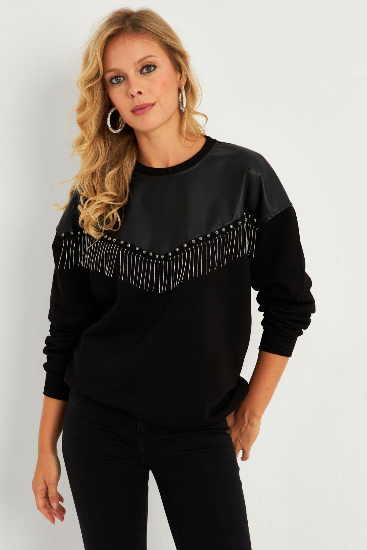 Kadın Siyah Suni Deri Bloklu Sweatshirt PKA808