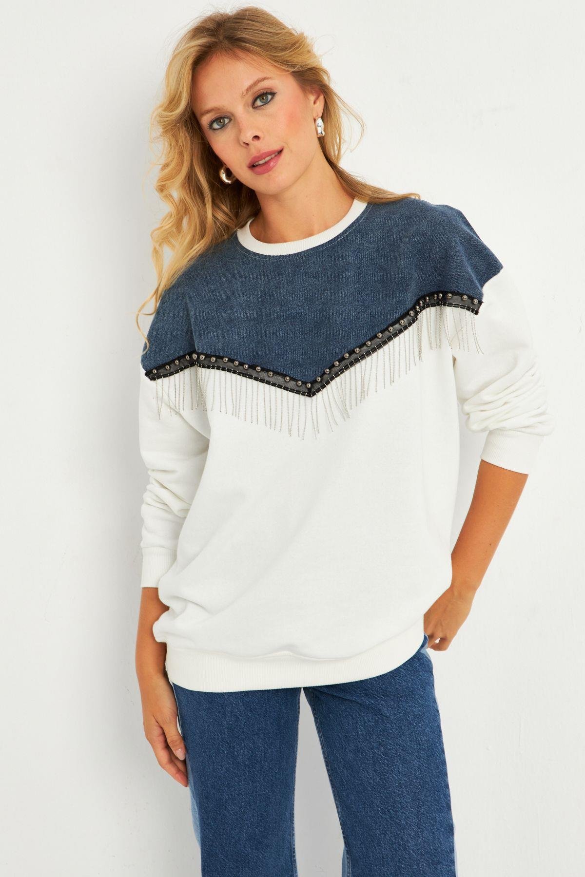 Kadın Siyah Suni Deri Bloklu Sweatshirt PKA808