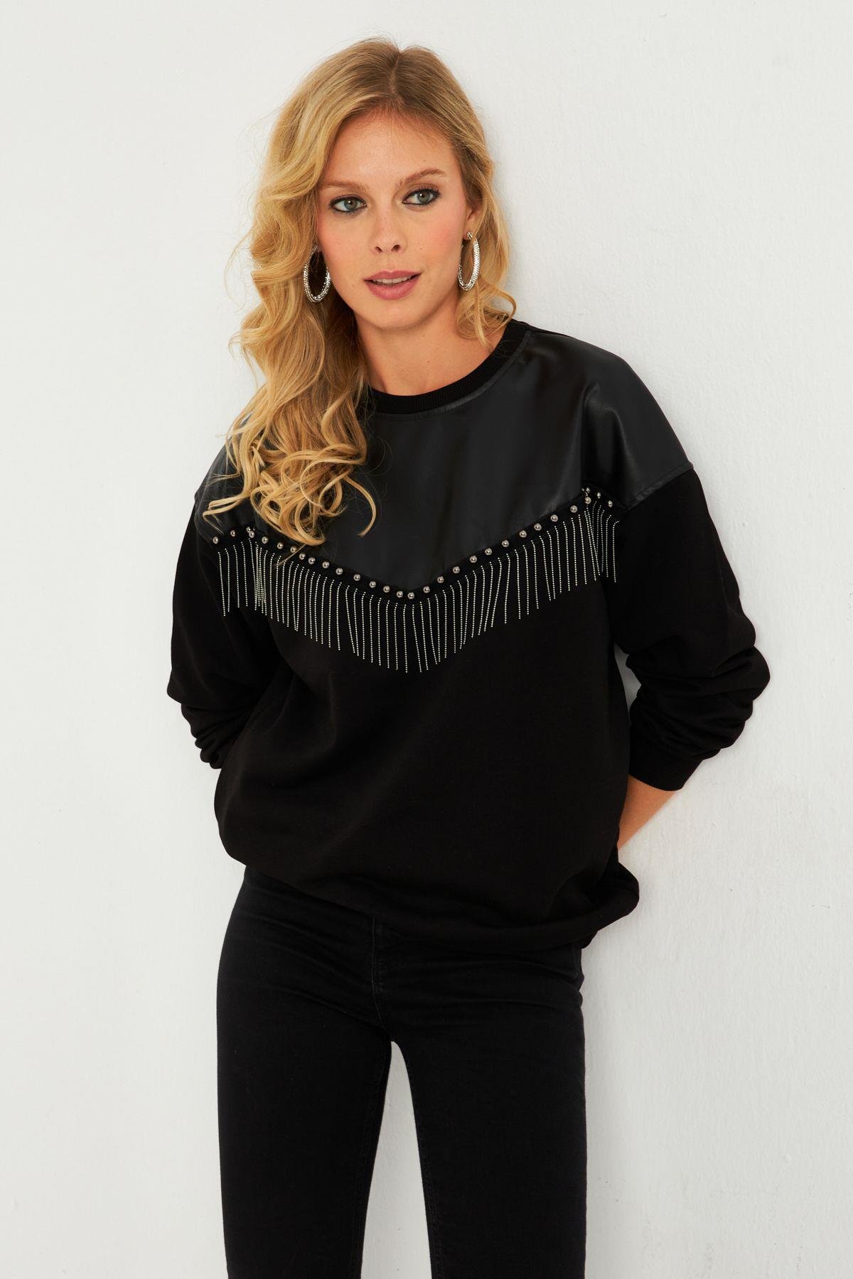Kadın Siyah Suni Deri Bloklu Sweatshirt PKA808