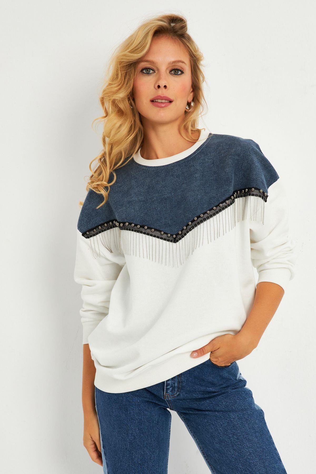 Kadın Siyah Suni Deri Bloklu Sweatshirt PKA808