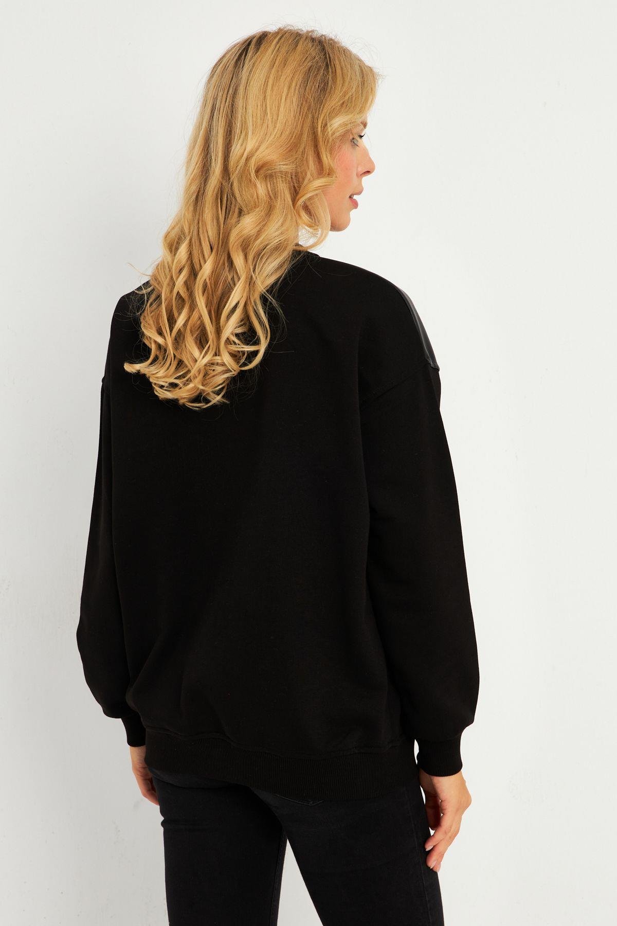 Kadın Siyah Suni Deri Bloklu Sweatshirt PKA808