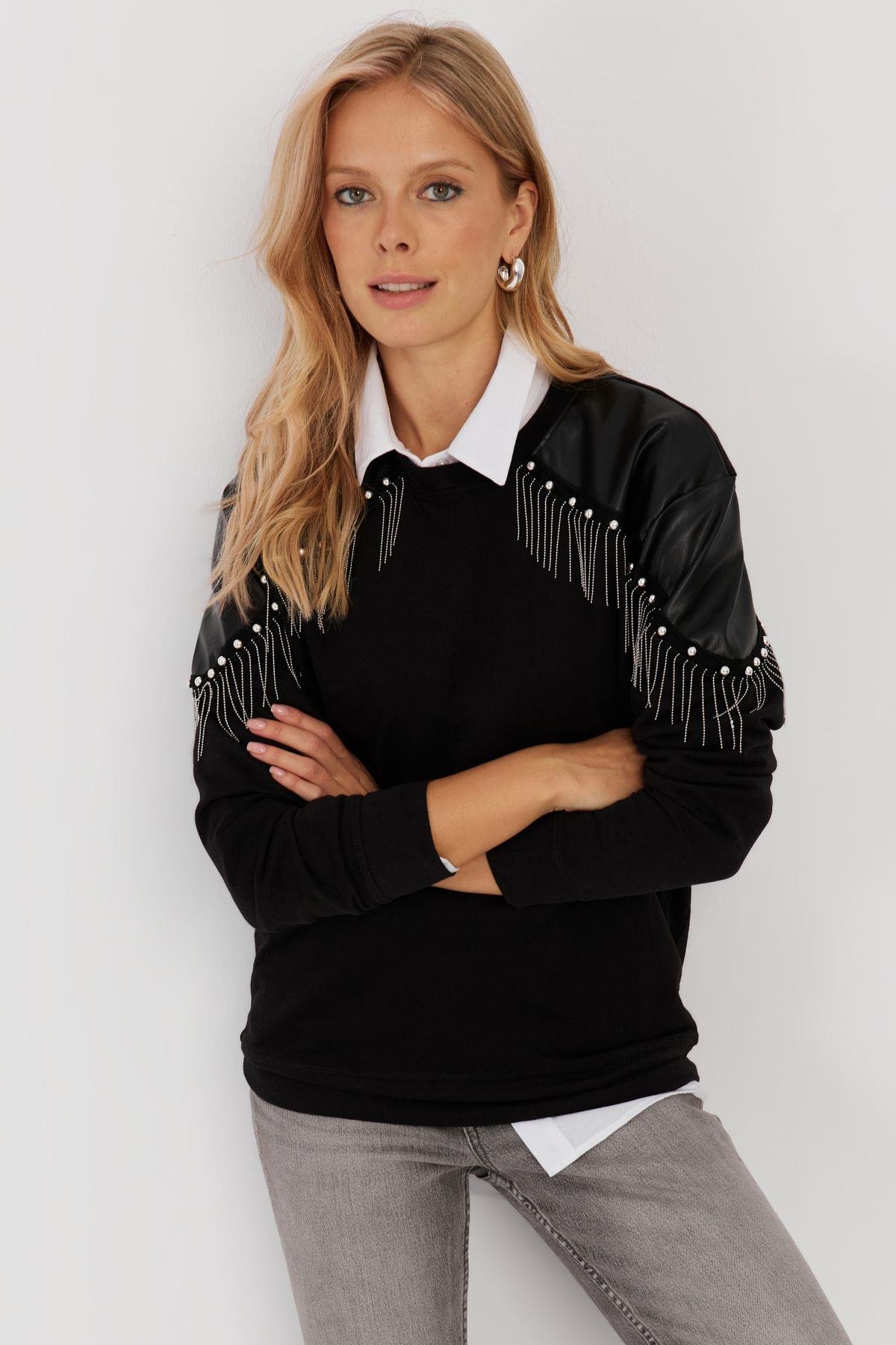 Kadın Siyah Suni Deri Bloklu Sweatshirt PKA807