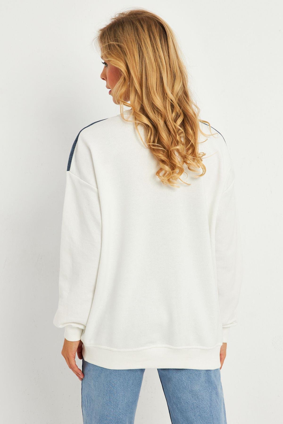Kadın Siyah Suni Deri Bloklu Sweatshirt PKA808