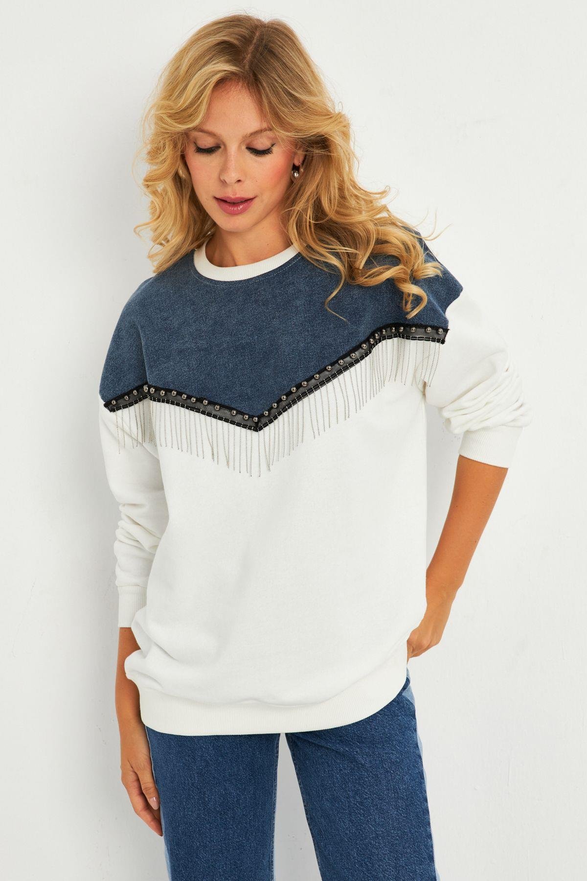Kadın Siyah Suni Deri Bloklu Sweatshirt PKA808