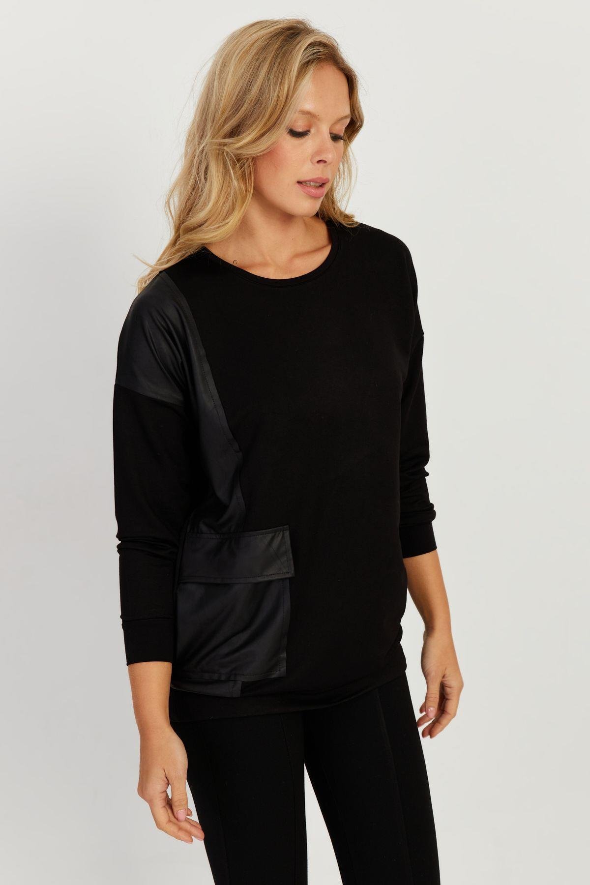 Kadın Siyah Suni Deri Cepli Sweatshirt ST829