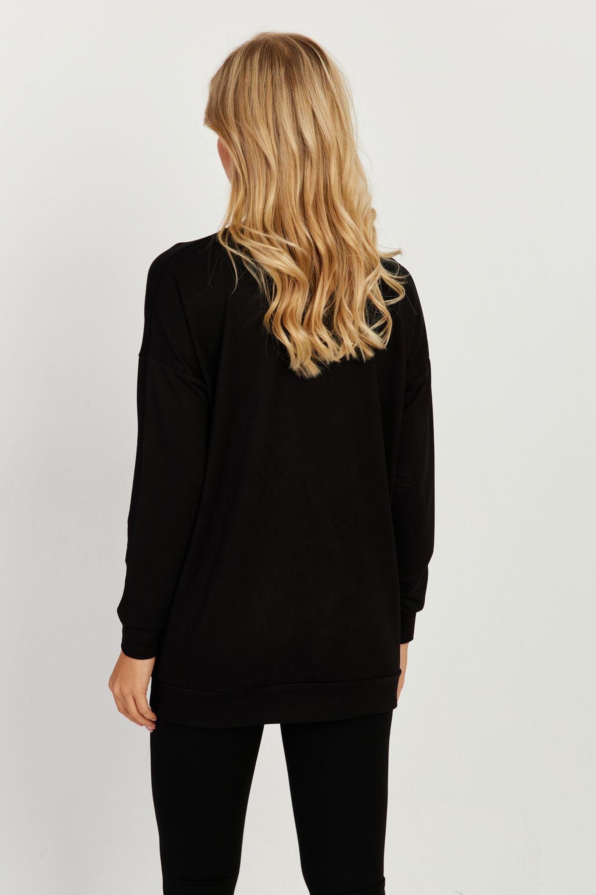 Kadın Siyah Suni Deri Cepli Sweatshirt ST829