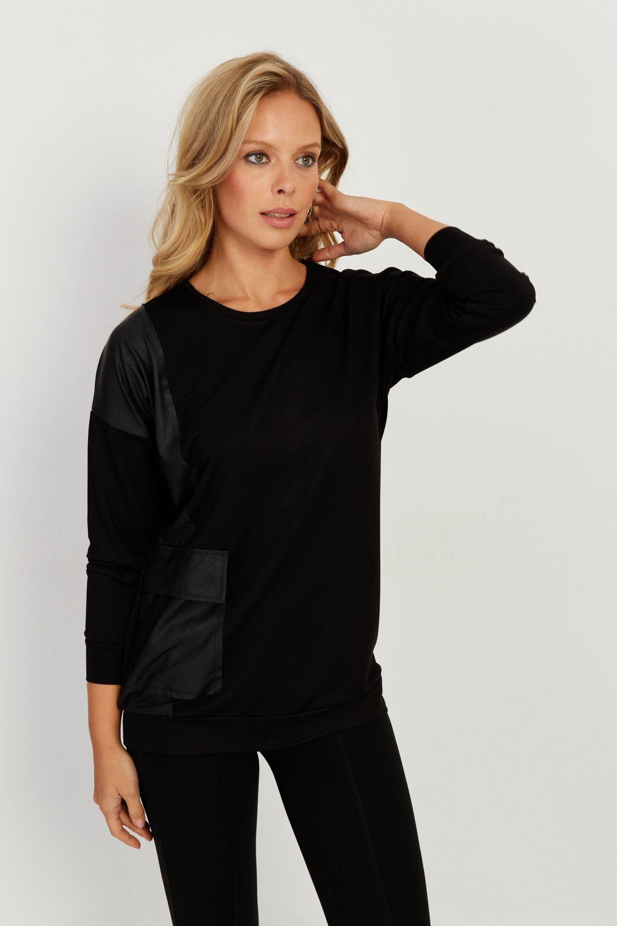 Kadın Siyah Suni Deri Cepli Sweatshirt ST829