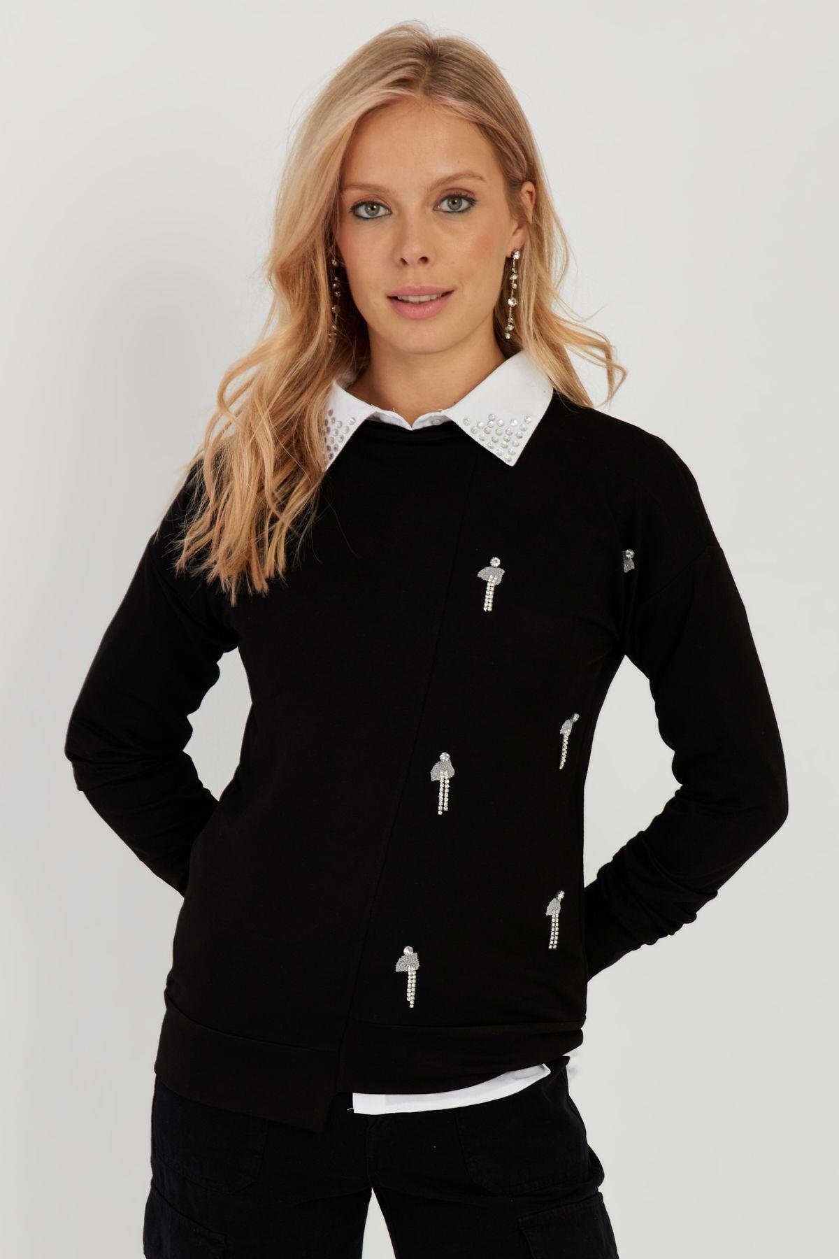 Kadın Siyah Taşlı Bluz ST6024