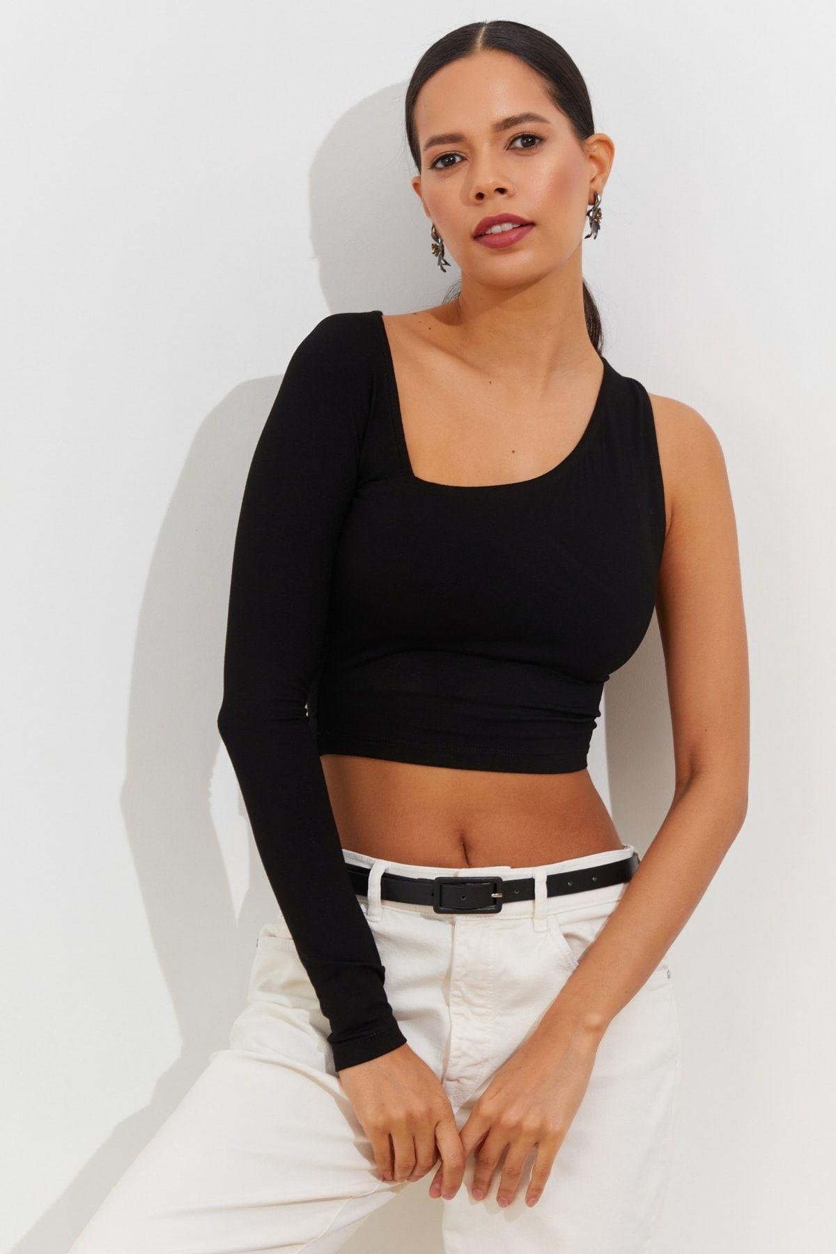 Kadın Siyah Tek Kol Asimetrik Crop Bluz BK1606