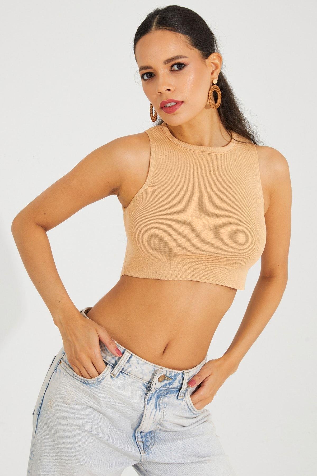 Kadın Siyah Triko Crop Triko Bluz KZ2447