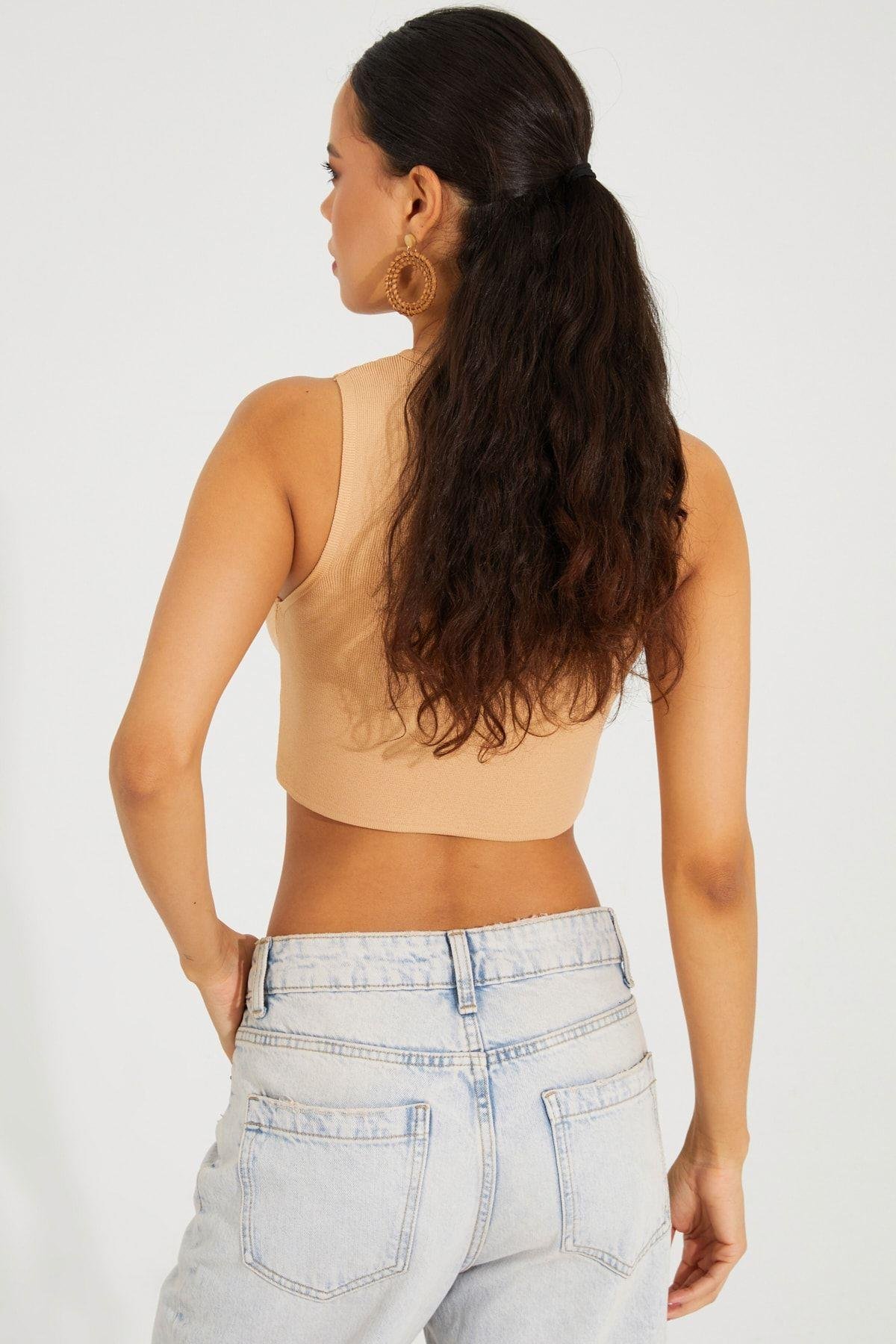 Kadın Siyah Triko Crop Triko Bluz KZ2447