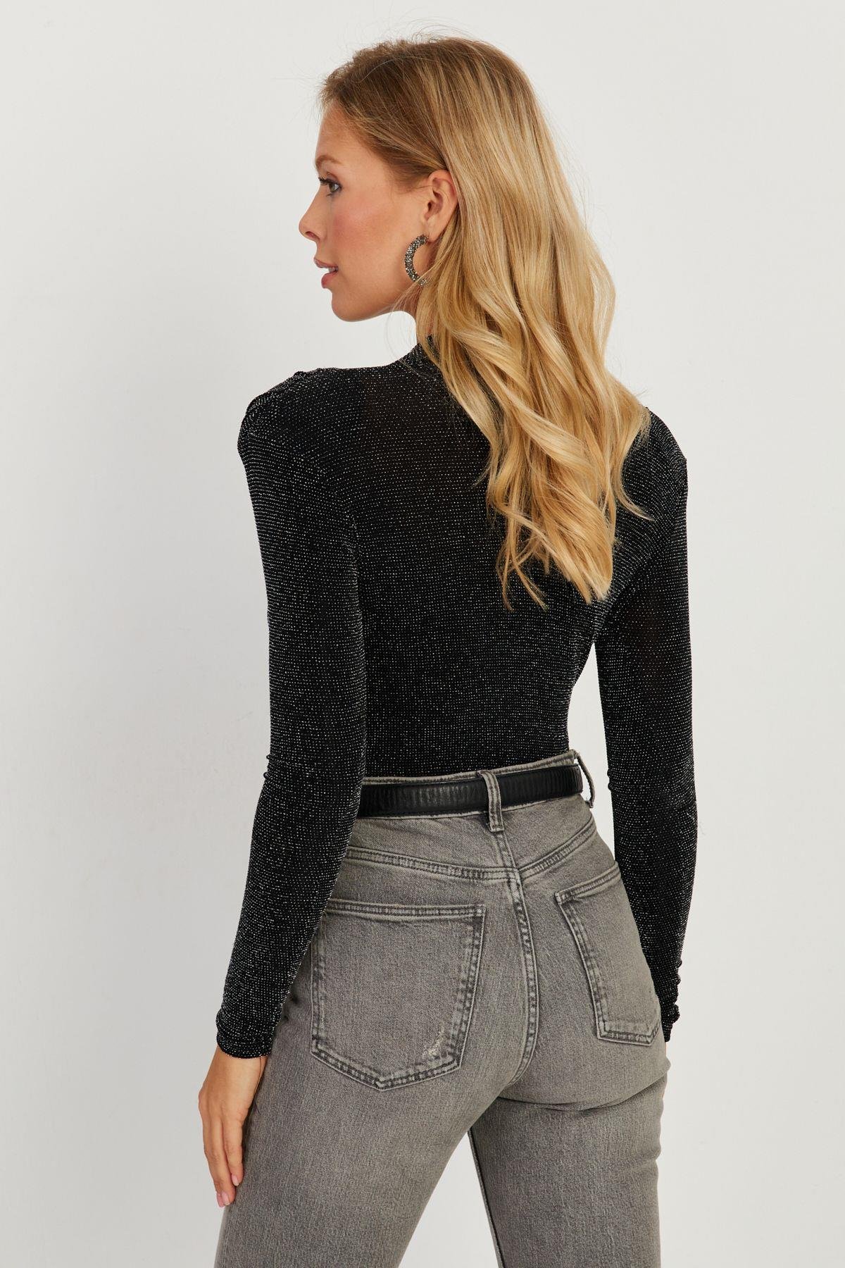 Kadın Siyah Vatkalı Kruvaze Çıtçıtlı Bodysuit GÇ151