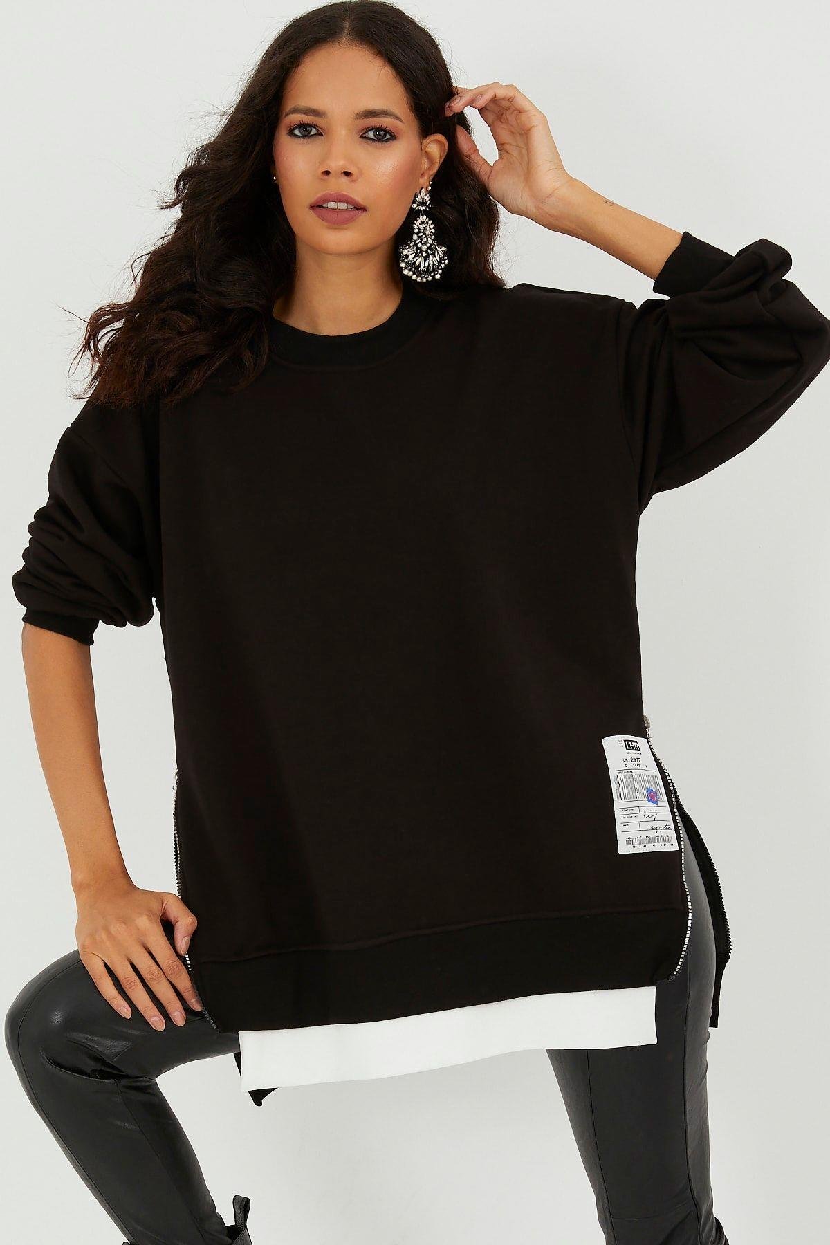 Kadın Siyah Yanları Fermuarlı Oversize Sweatshirt BK231095