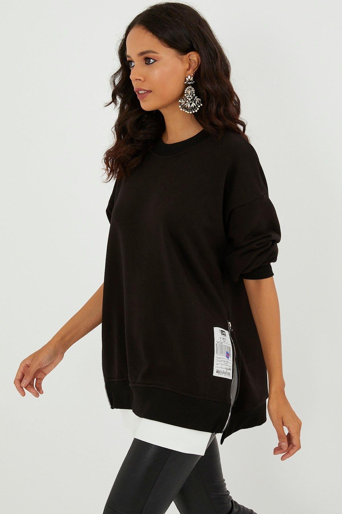 Kadın Siyah Yanları Fermuarlı Oversize Sweatshirt BK231095