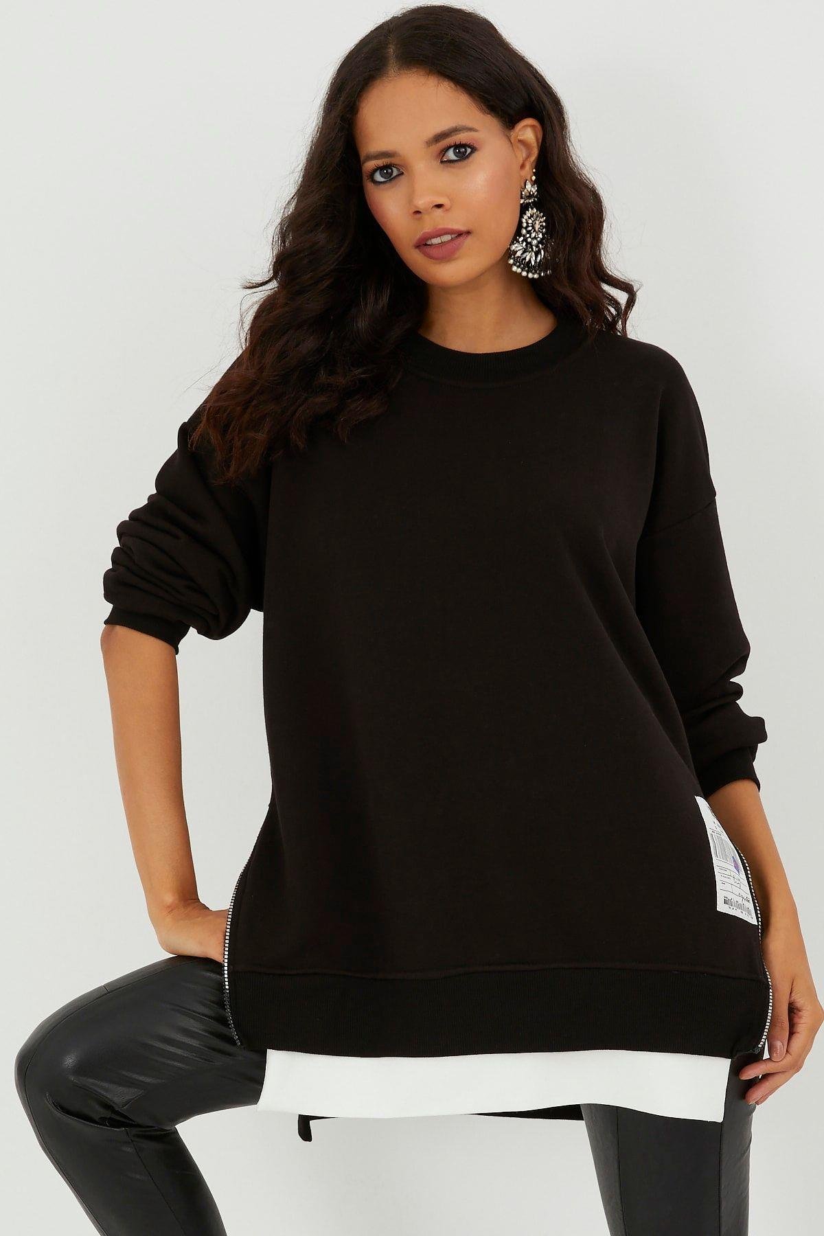 Kadın Siyah Yanları Fermuarlı Oversize Sweatshirt BK231095