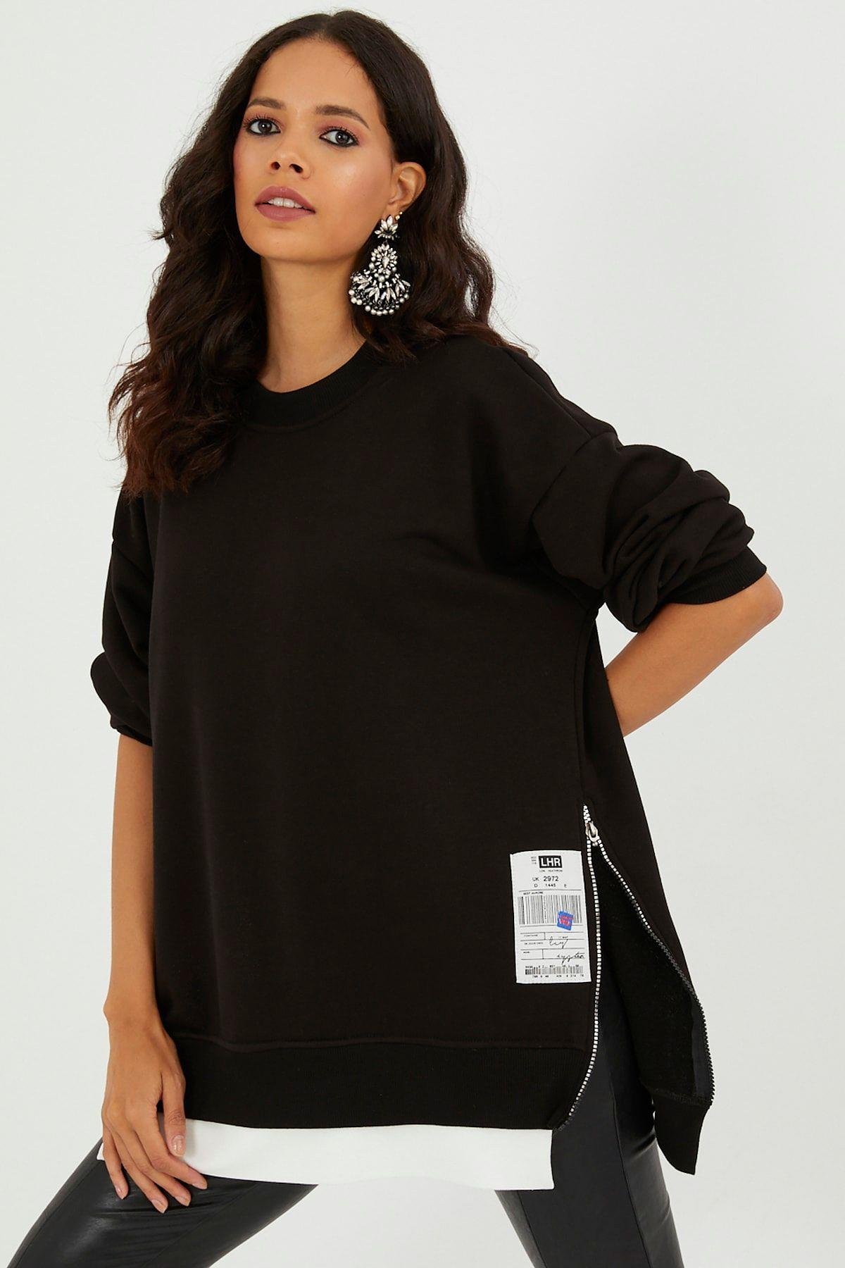 Kadın Siyah Yanları Fermuarlı Oversize Sweatshirt BK231095