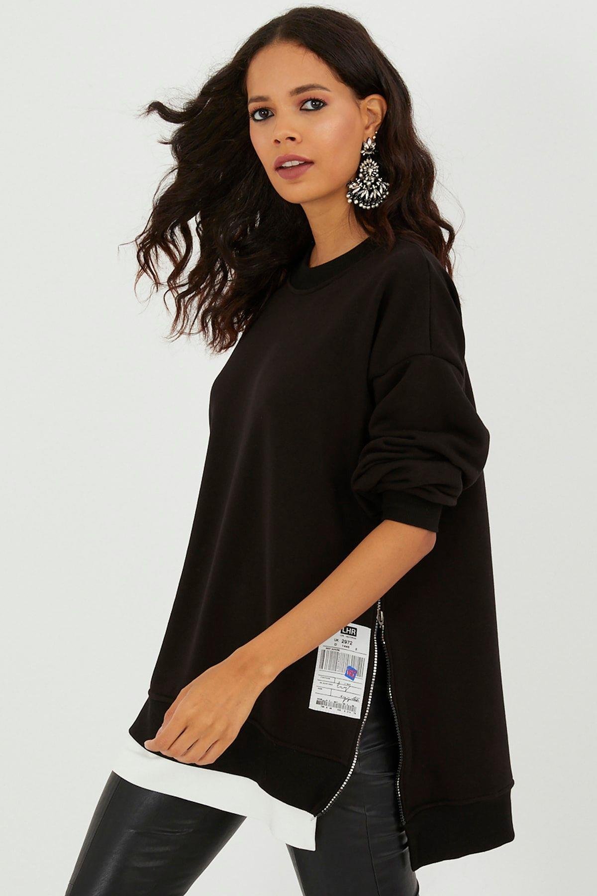 Kadın Siyah Yanları Fermuarlı Oversize Sweatshirt BK231095
