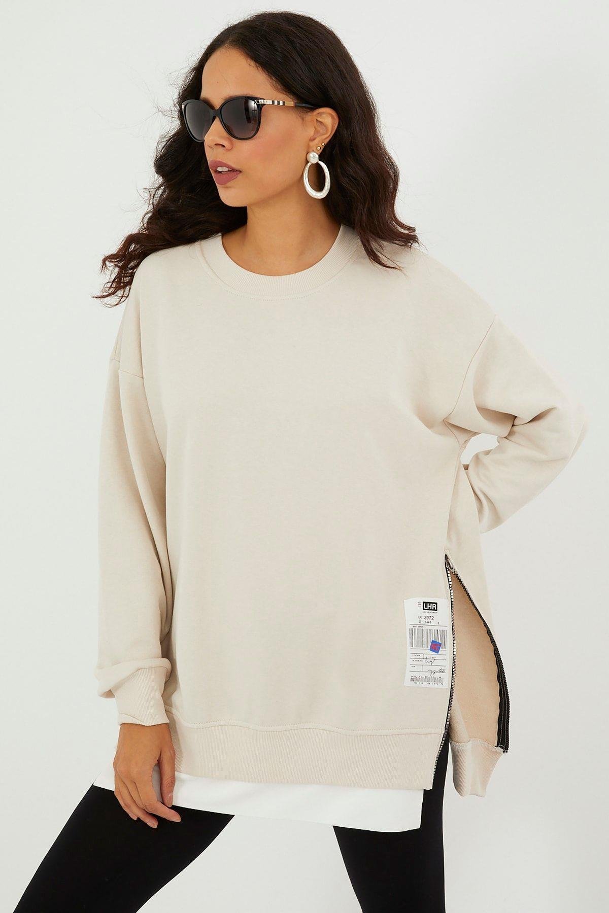 Kadın Siyah Yanları Fermuarlı Oversize Sweatshirt BK231095