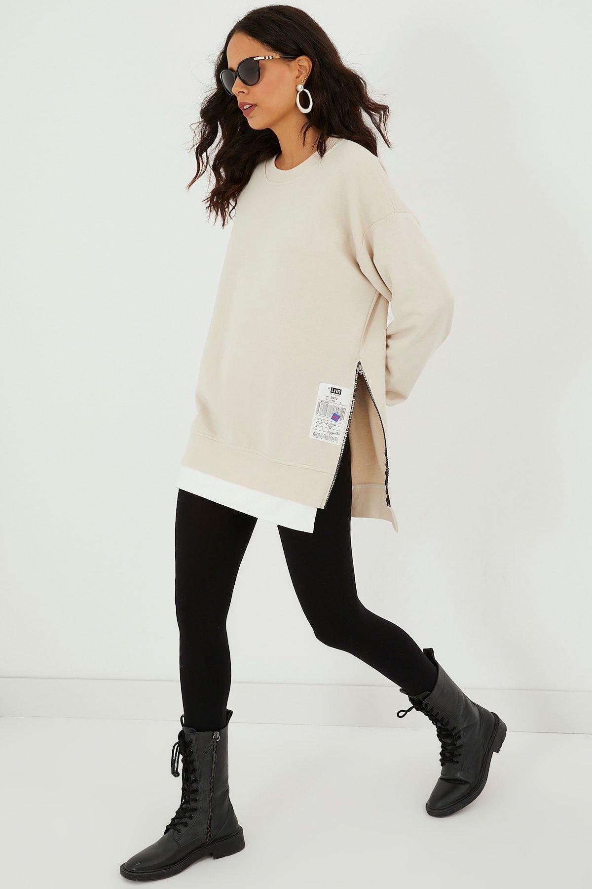 Kadın Siyah Yanları Fermuarlı Oversize Sweatshirt BK231095