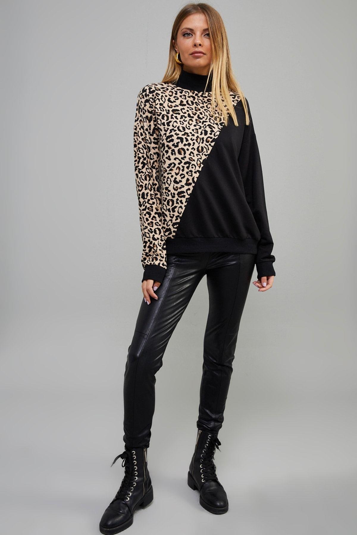 Kadın Siyah Yarım Balıkçı Bloklu Leopar Sweatshirt Yİ1991