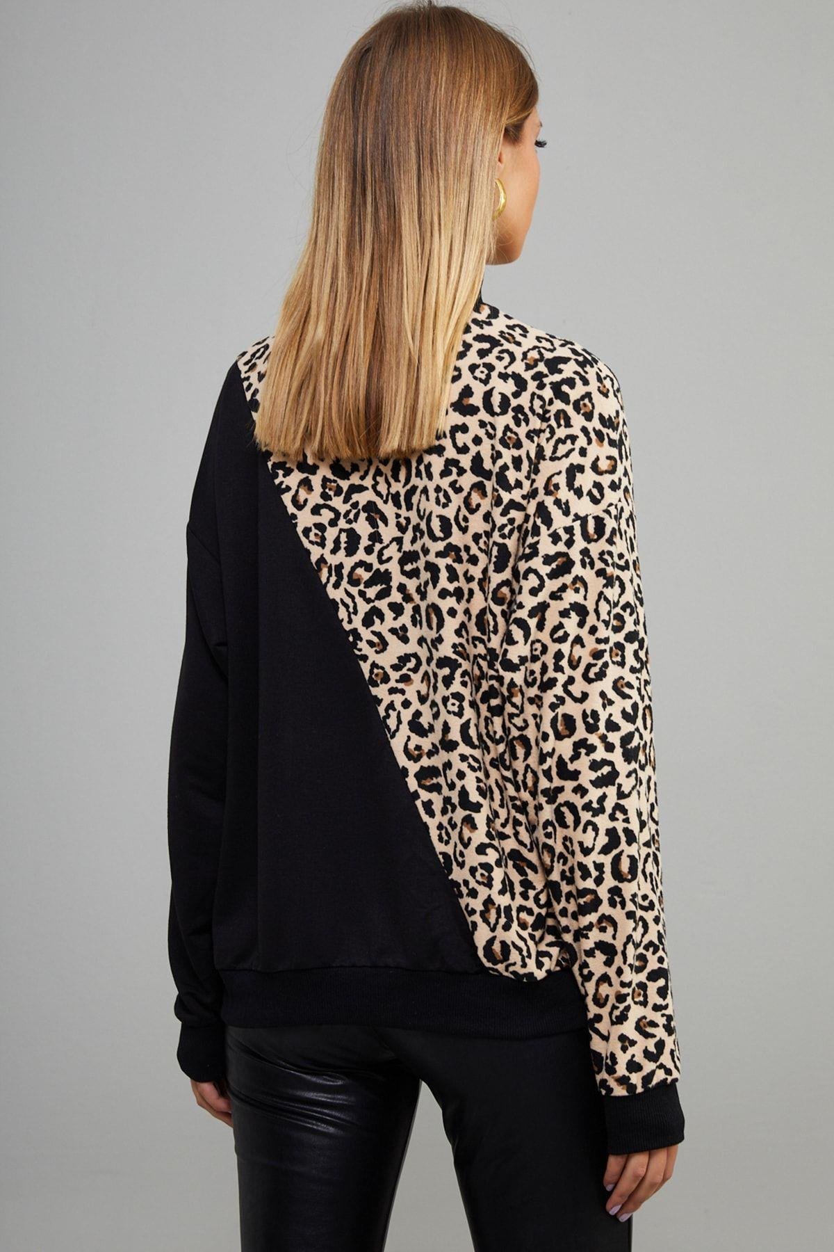 Kadın Siyah Yarım Balıkçı Bloklu Leopar Sweatshirt Yİ1991