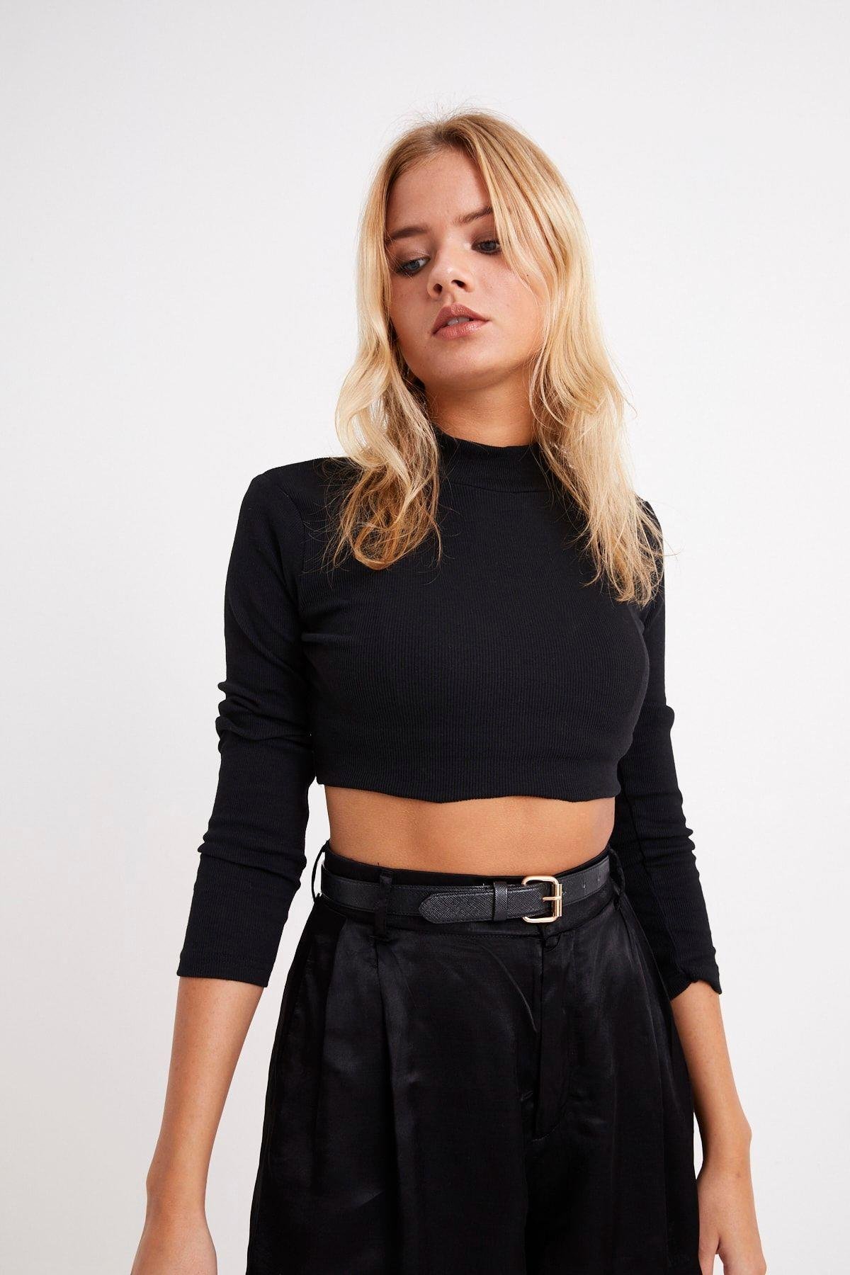 Kadın Siyah Yarım Balıkçı Crop Bluz CG113