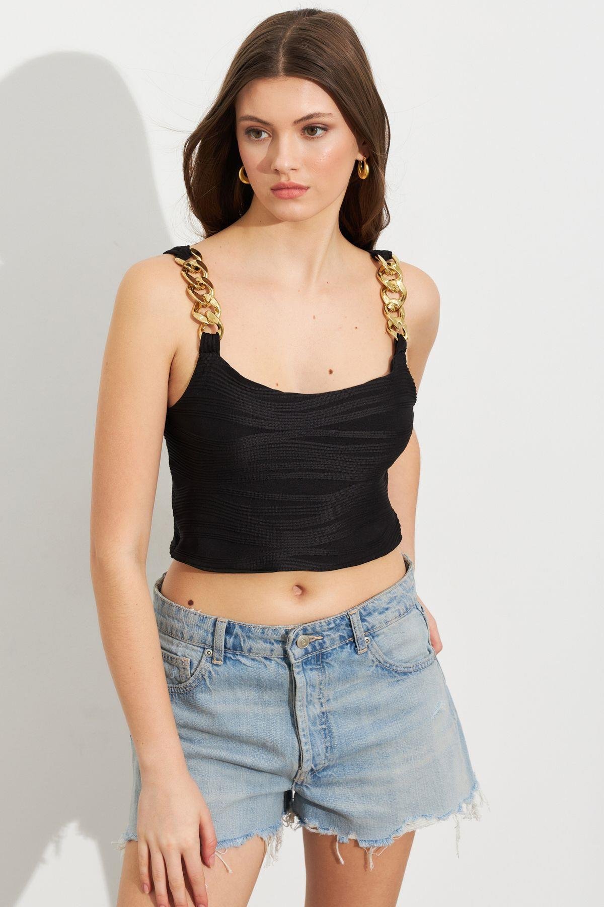 Kadın Siyah Zincir Askılı Astarlı Crop Bluz LİT109