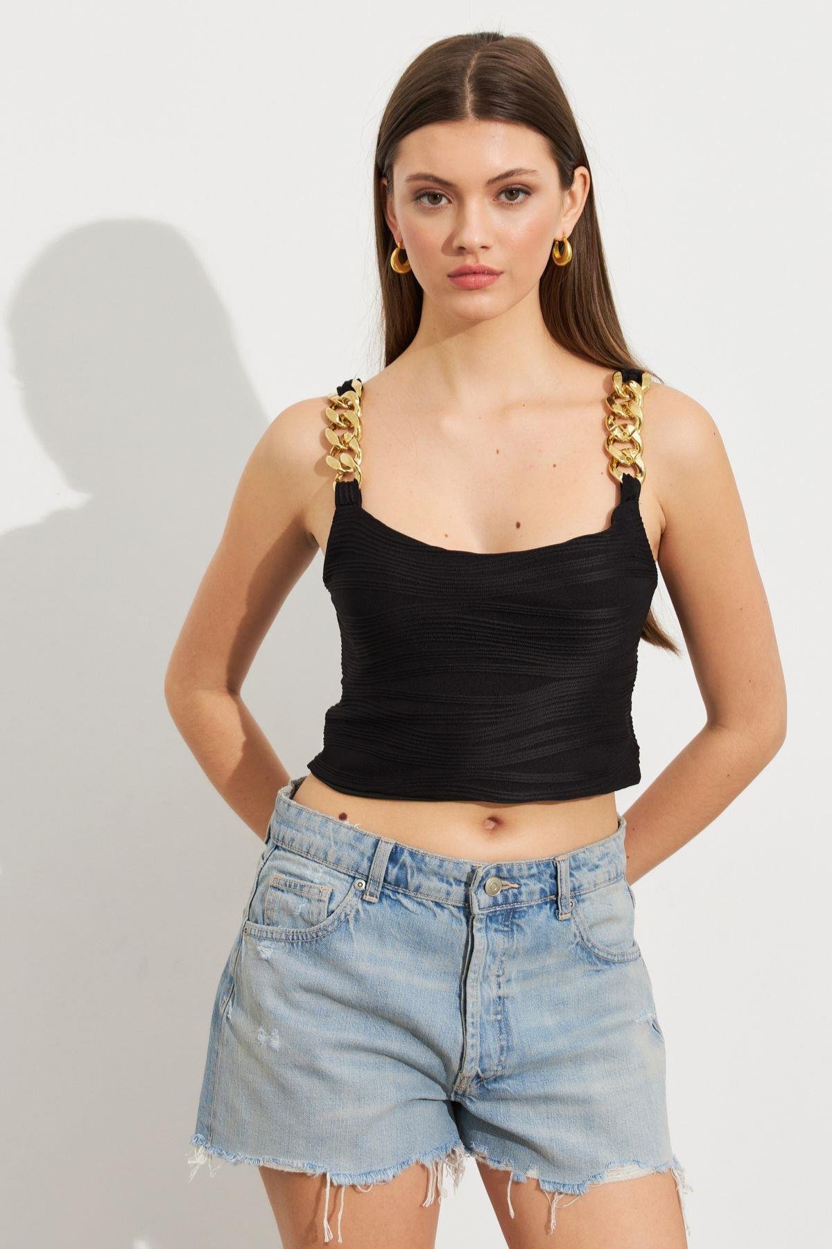 Kadın Siyah Zincir Askılı Astarlı Crop Bluz LİT109