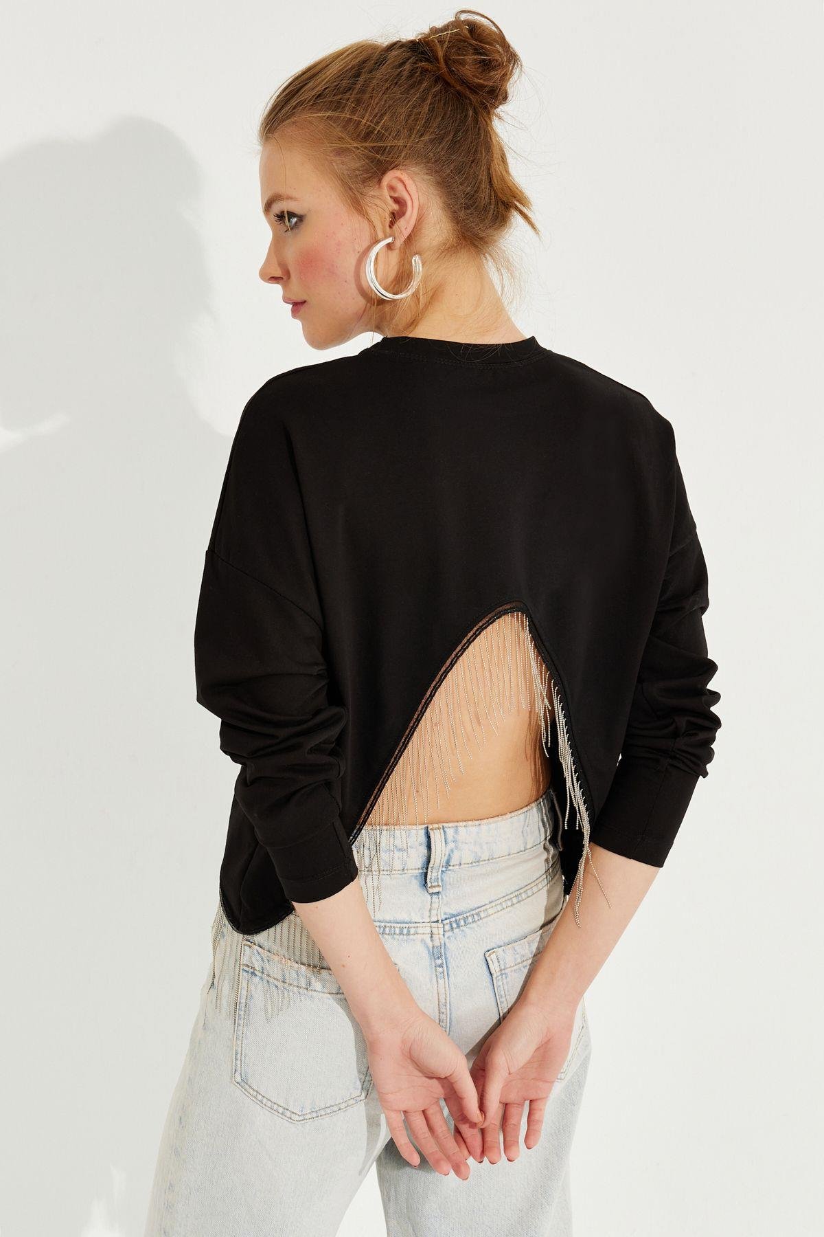 Kadın Siyah Zincirli Asimetrik Sweatshirt EY2664