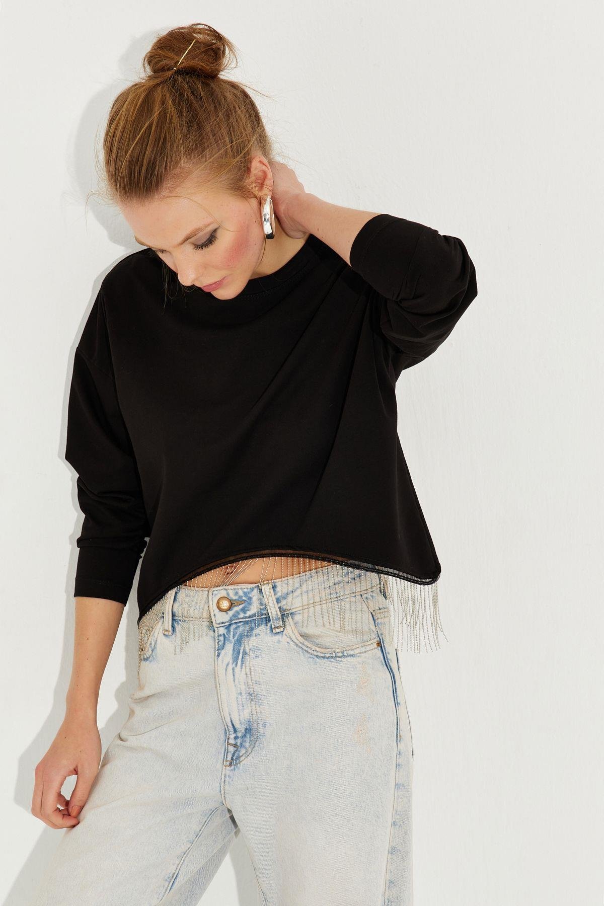 Kadın Siyah Zincirli Asimetrik Sweatshirt EY2664